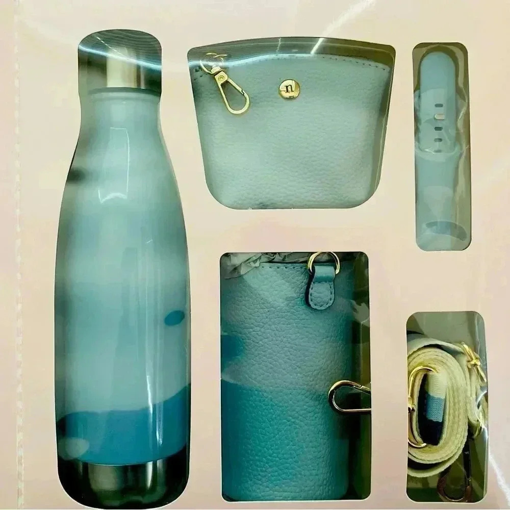 Nannette Lepore water bottle purse watch band set in a dusty blue color.